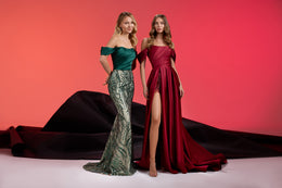 Green and burgundy evening dresses featuring off-shoulder sleeves, sparkling fitted skirts, and flowing trains