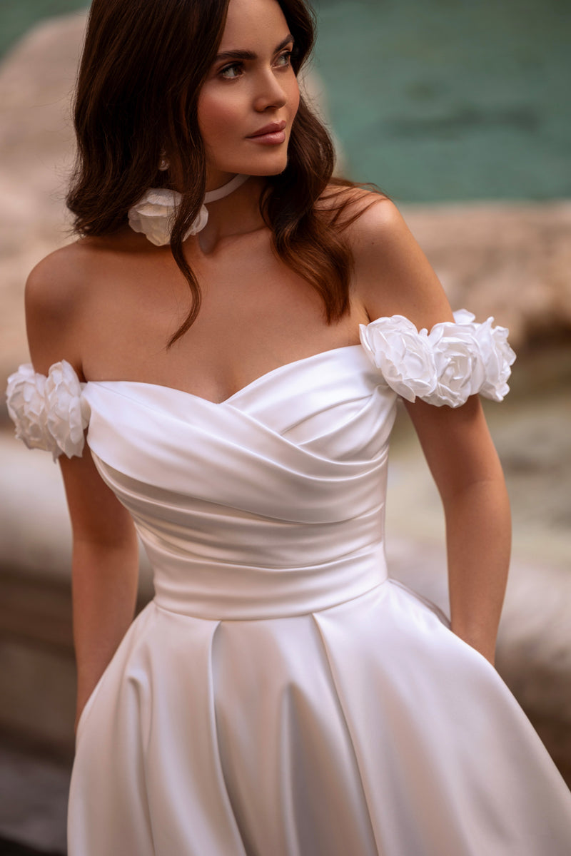 Satin Ball Gown Wedding Dress with 3D Floral Appliqués