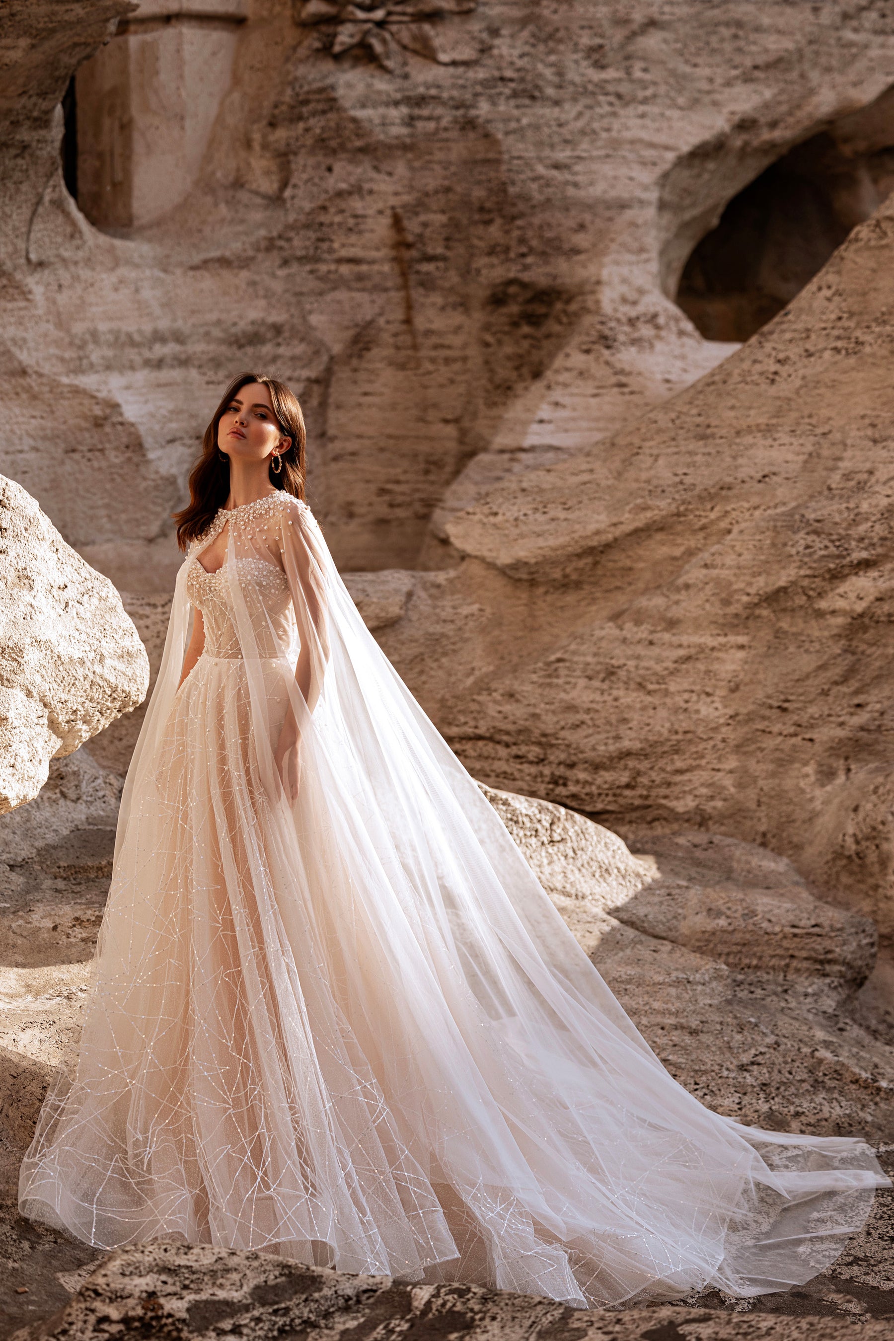 Sparkly A-Line Wedding Dress with Detachable Beaded Cape