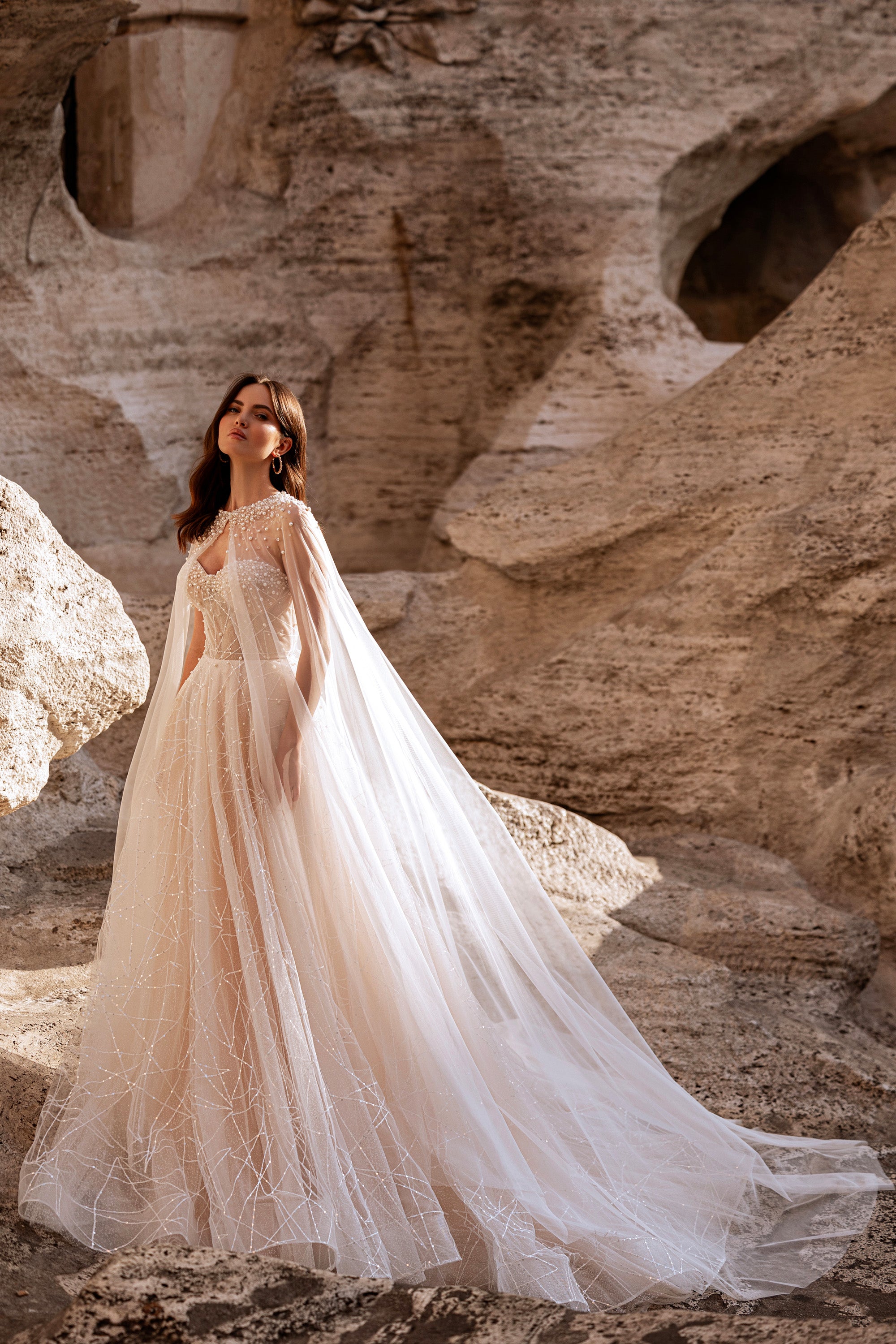 Sparkly A-Line Wedding Dress with Detachable Beaded Cape