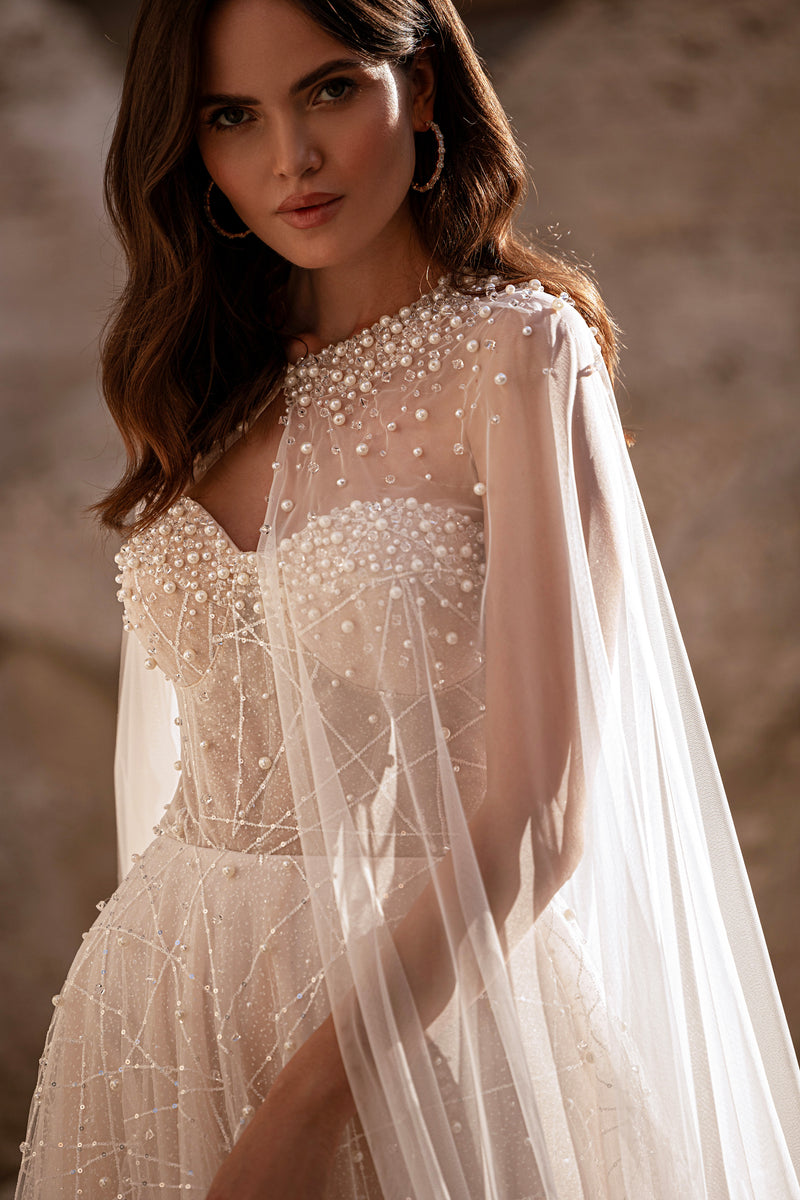 Sparkly A-Line Wedding Dress with Detachable Beaded Cape