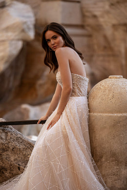 Sparkly A-Line Wedding Dress with Detachable Beaded Cape
