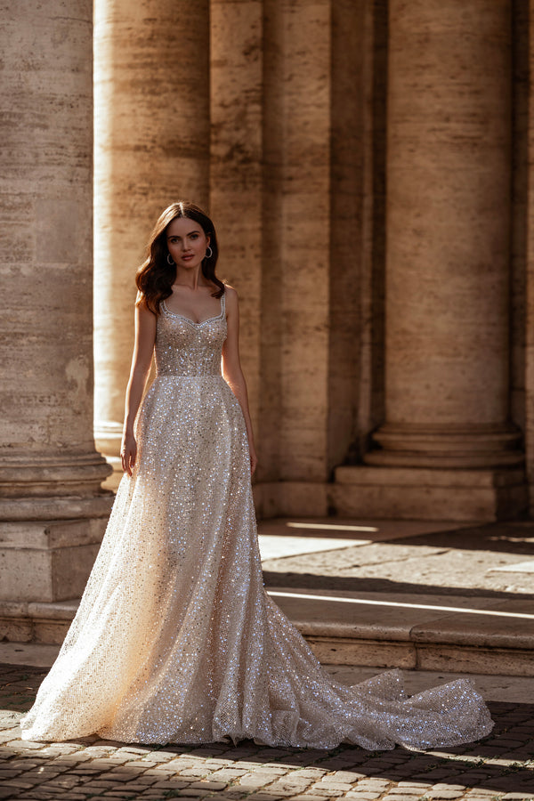 Radiance A-Line Sequined Tulle Wedding Dress With Beading and Crystals, Sweetheart Neckline, Sleeveless, Floor-Length With Cathedral Train