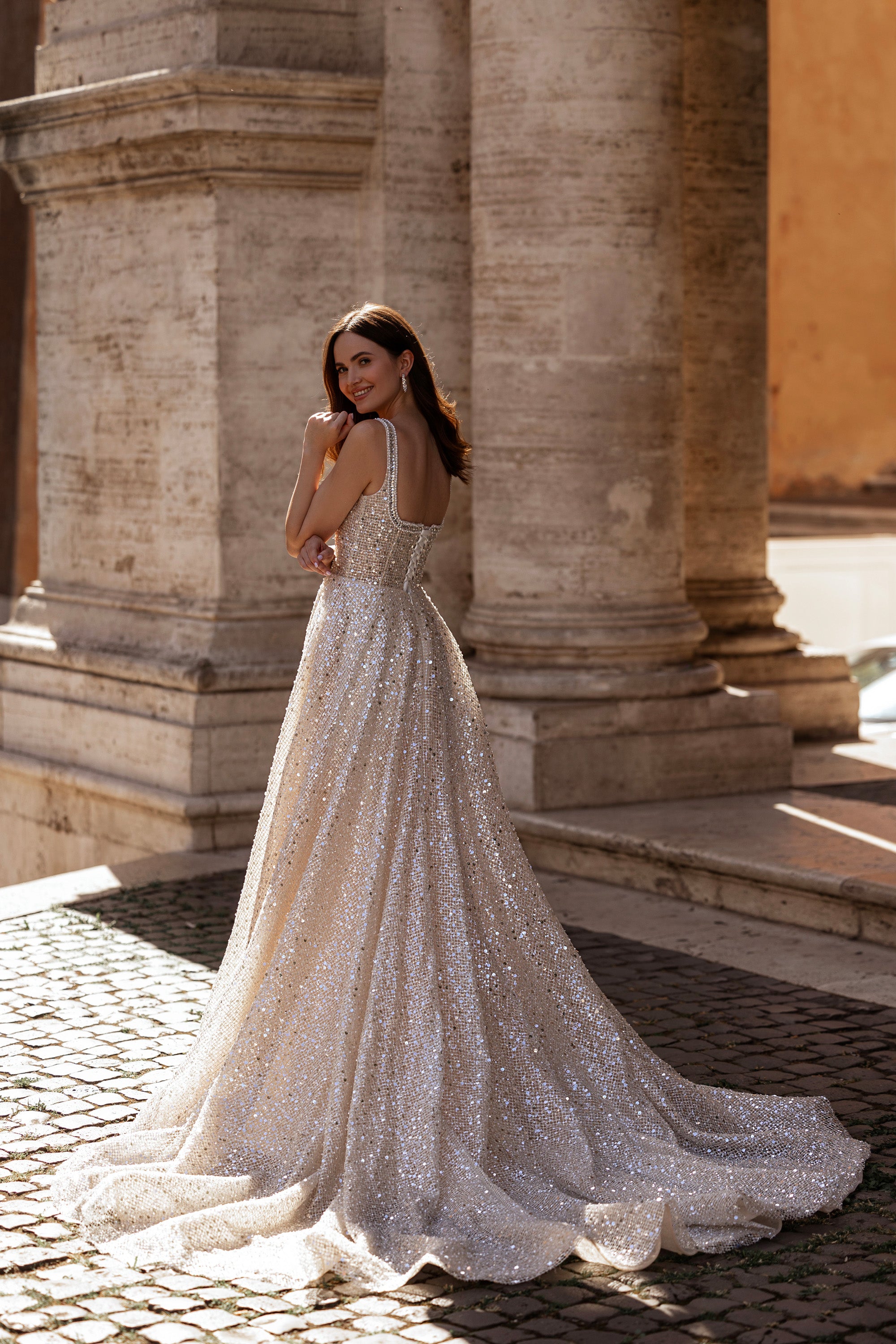 Sparkly A-Line Wedding Dress with Beaded Scoop Neckline