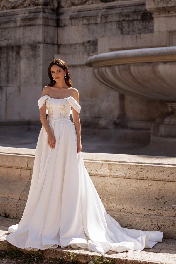 A-Line Off-the-Shoulder Satin Wedding Dress With Lace Appliqués, Beading, Embroidered Bodice, Sleeveless, Cathedral Train