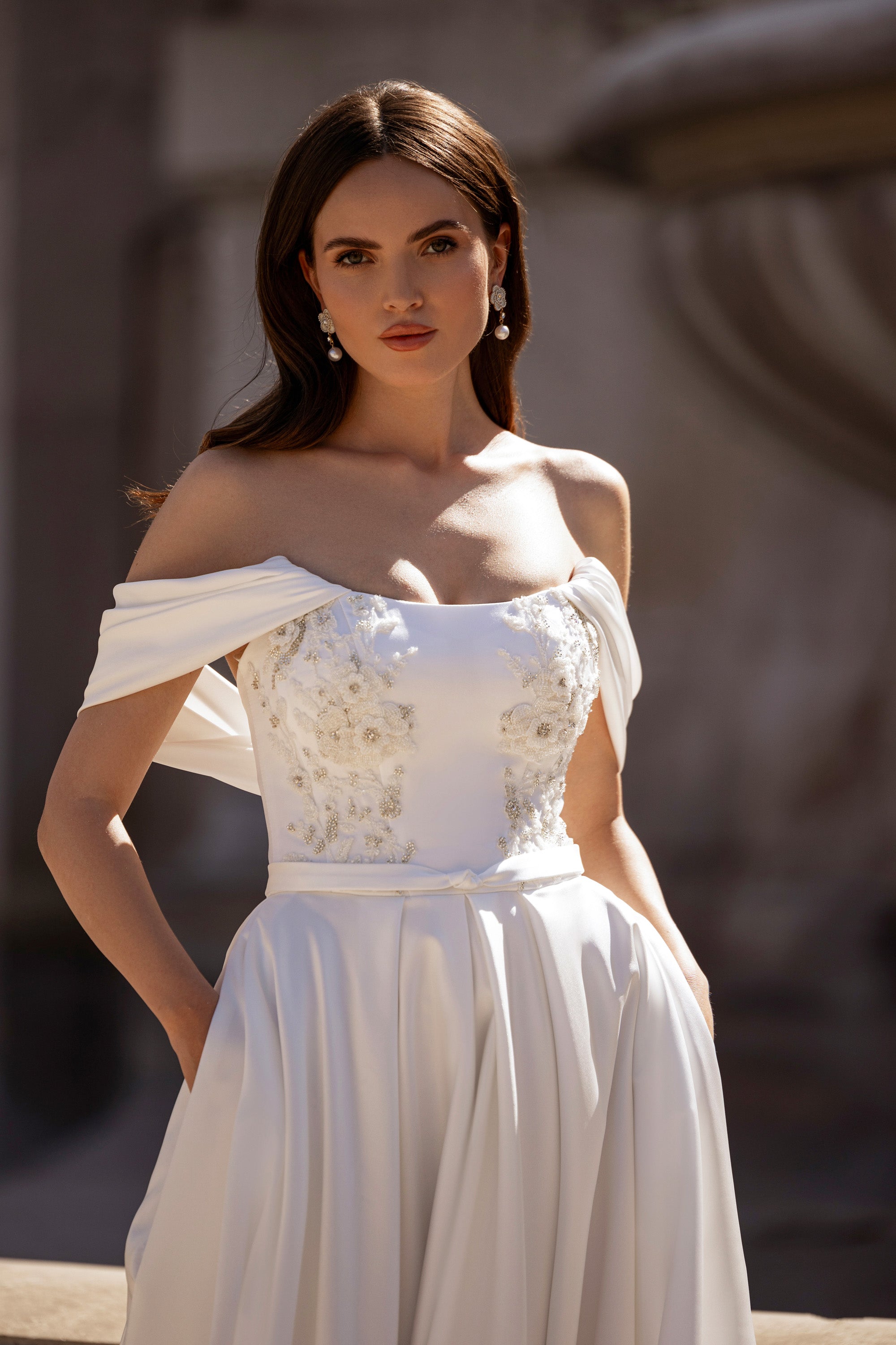 Satin A-Line Wedding Dress with Beaded Floral Appliqués
