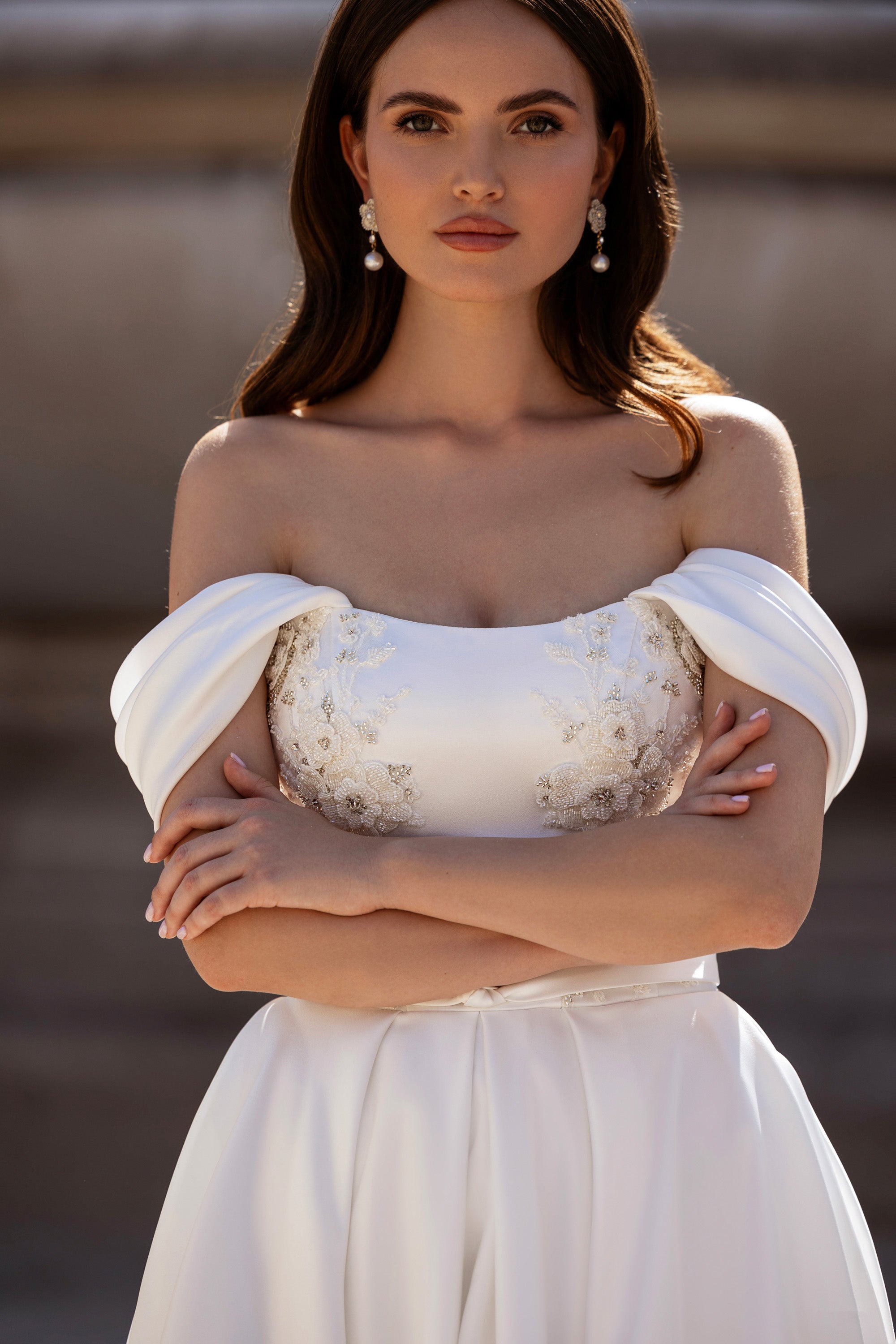 Satin A-Line Wedding Dress with Beaded Floral Appliqués