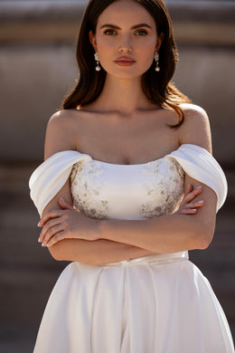 Satin A-Line Wedding Dress with Beaded Floral Appliqués