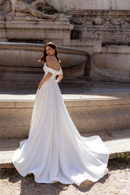 Satin A-Line Wedding Dress with Beaded Floral Appliqués