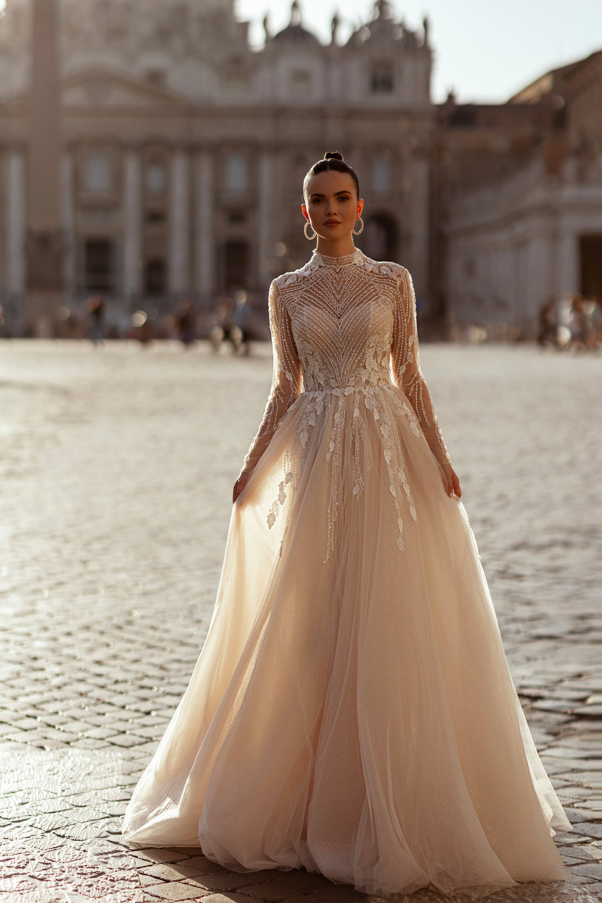 Sparkly A-Line Wedding Dress with High Neck and Long Sleeves