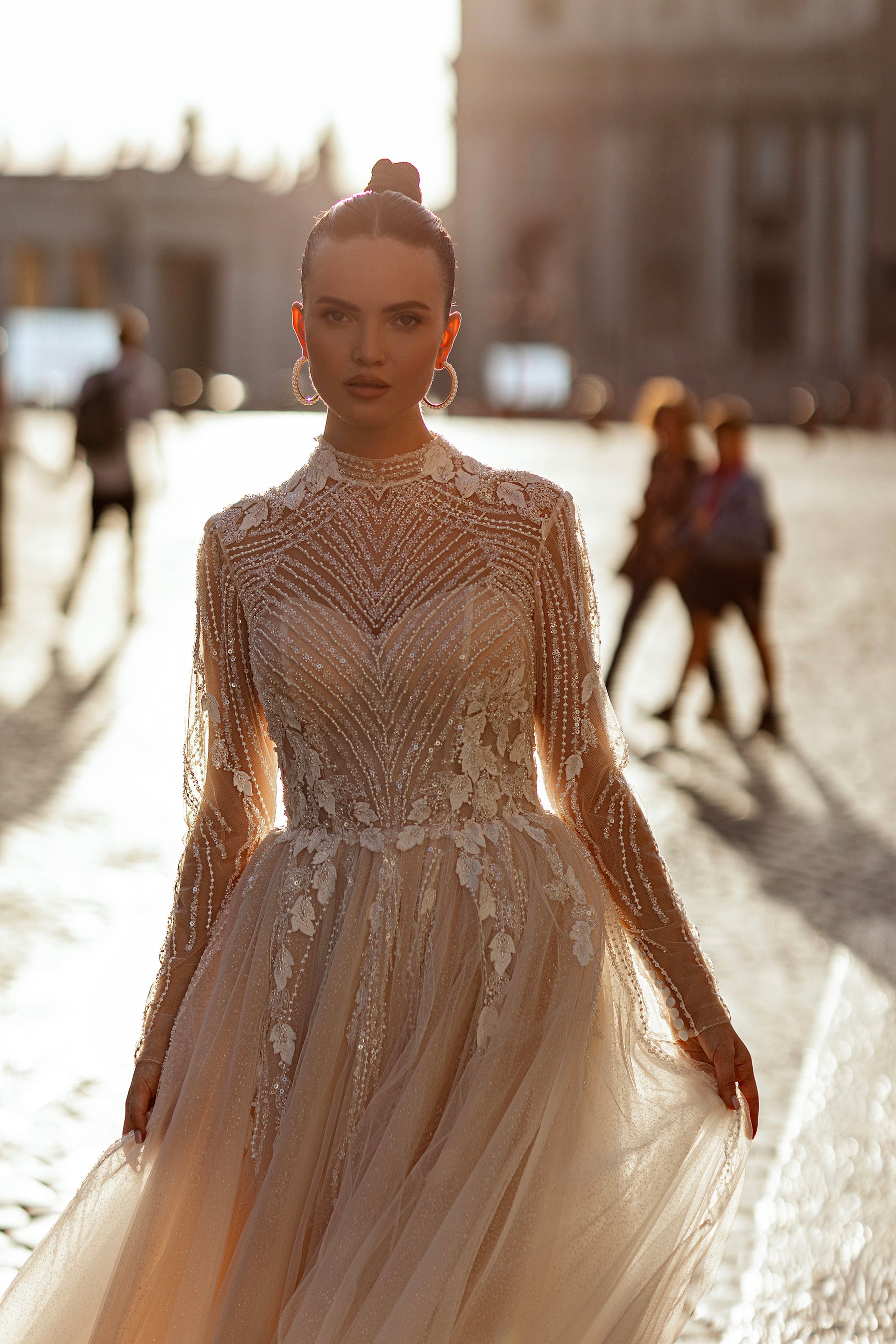 Sparkly A-Line Wedding Dress with High Neck and Long Sleeves