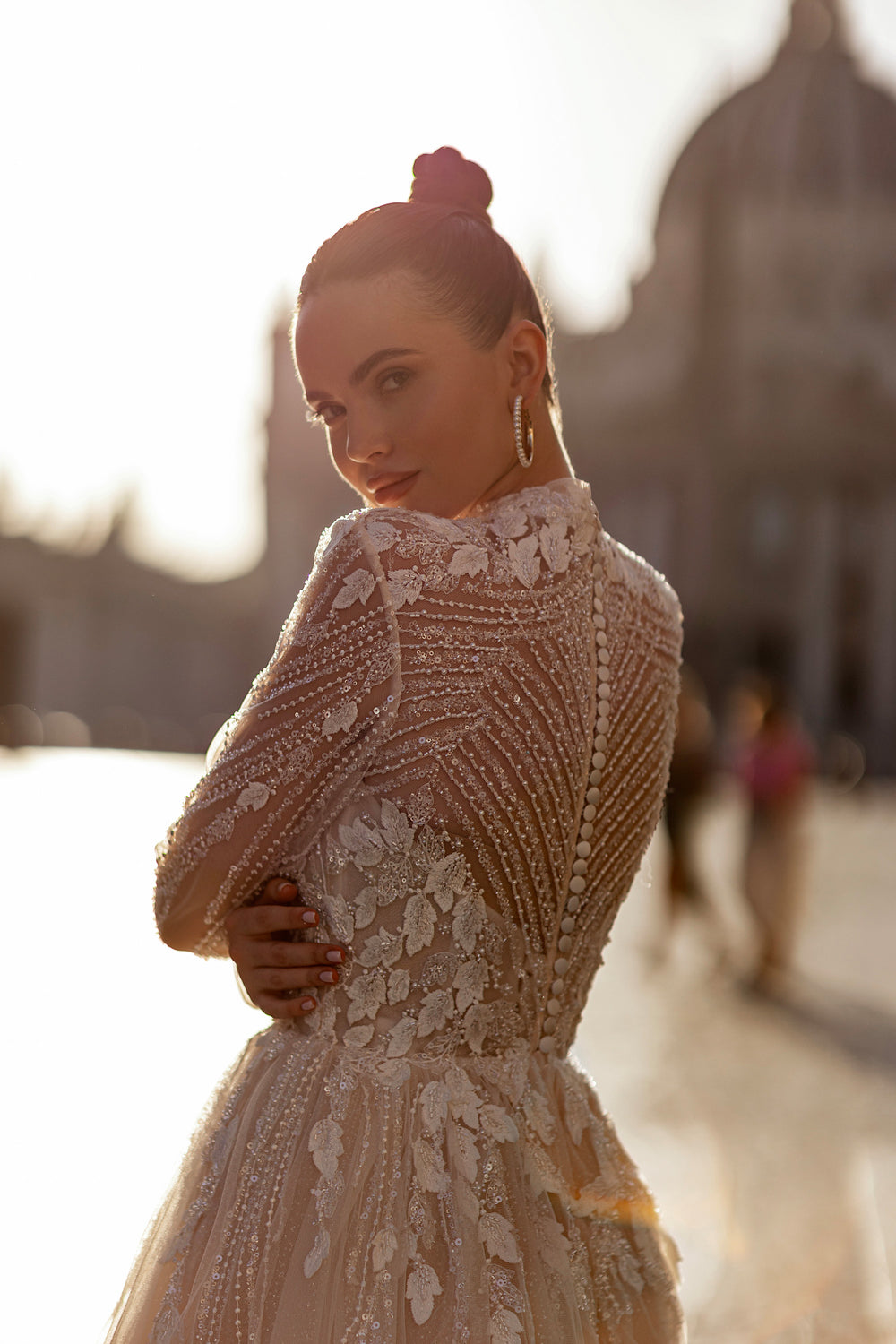Romantic A-Line Wedding Dress With Lace Appliqués, Illusion Neckline, Long Sleeves, Beading Details, Tulle Skirt and Cathedral Train
