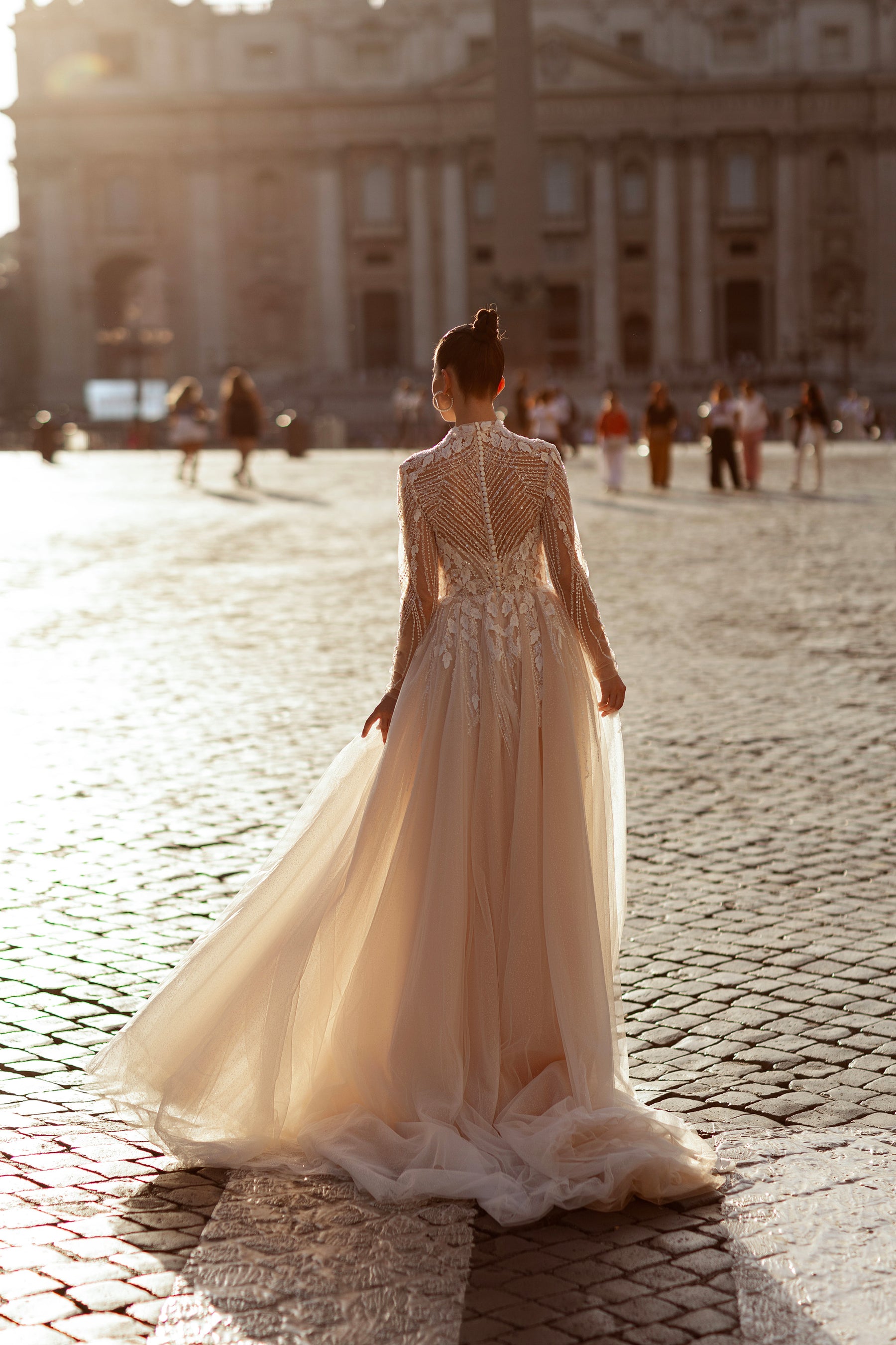 Sparkly A-Line Wedding Dress with High Neck and Long Sleeves