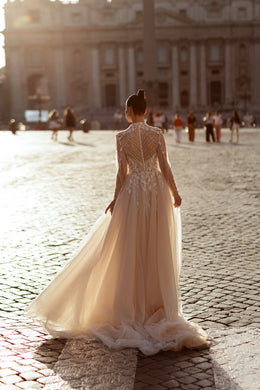 Sparkly A-Line Wedding Dress with High Neck and Long Sleeves