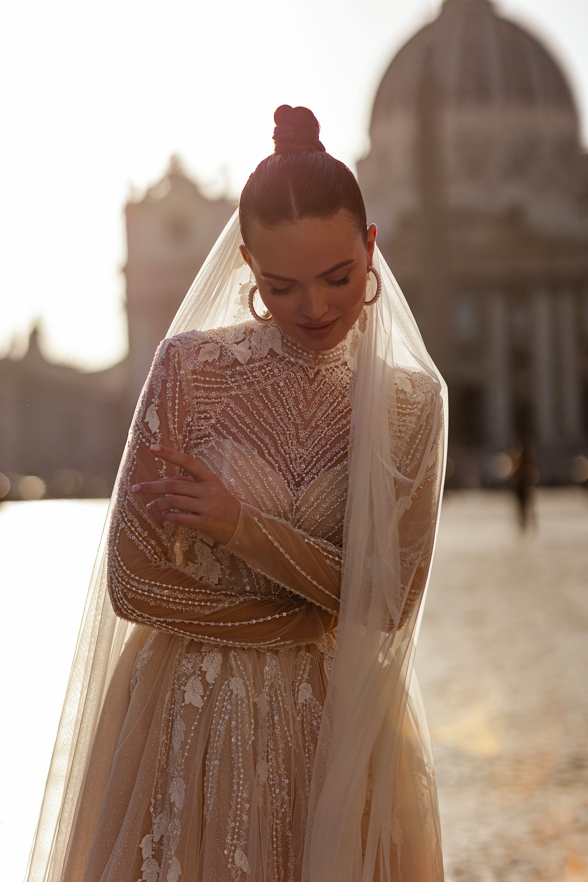 Sparkly A-Line Wedding Dress with High Neck and Long Sleeves