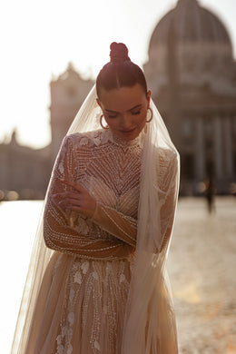 Sparkly A-Line Wedding Dress with High Neck and Long Sleeves