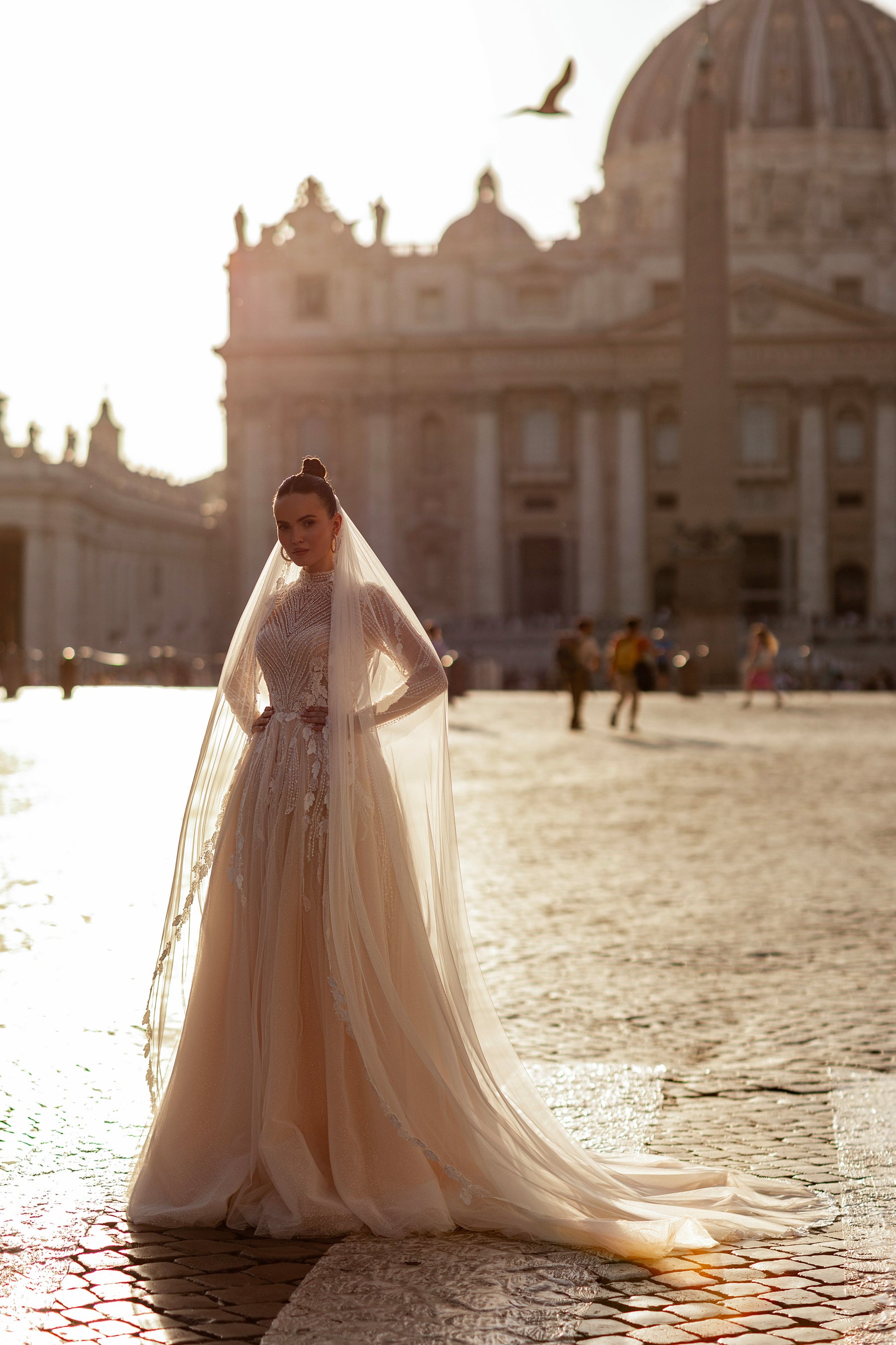 Sparkly A-Line Wedding Dress with High Neck and Long Sleeves