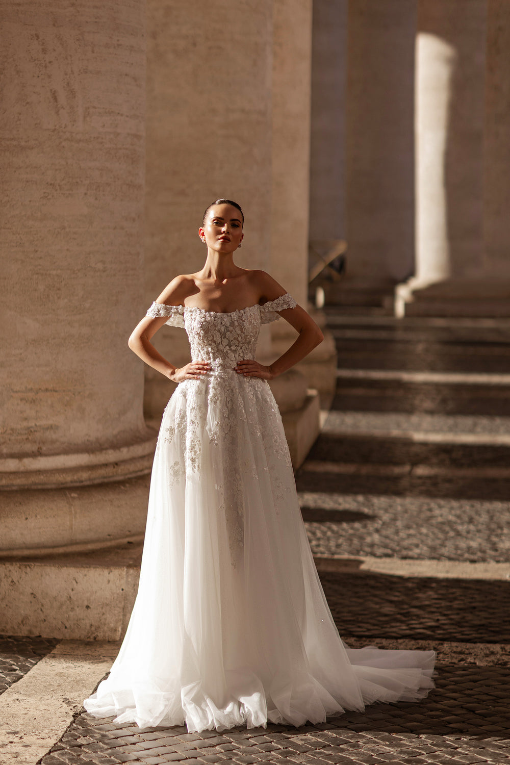 A-Line Floor-Length Wedding Dress With Lace Appliqués, Off-the-Shoulder Neckline, Tulle Overlay and Beading, Cathedral Train