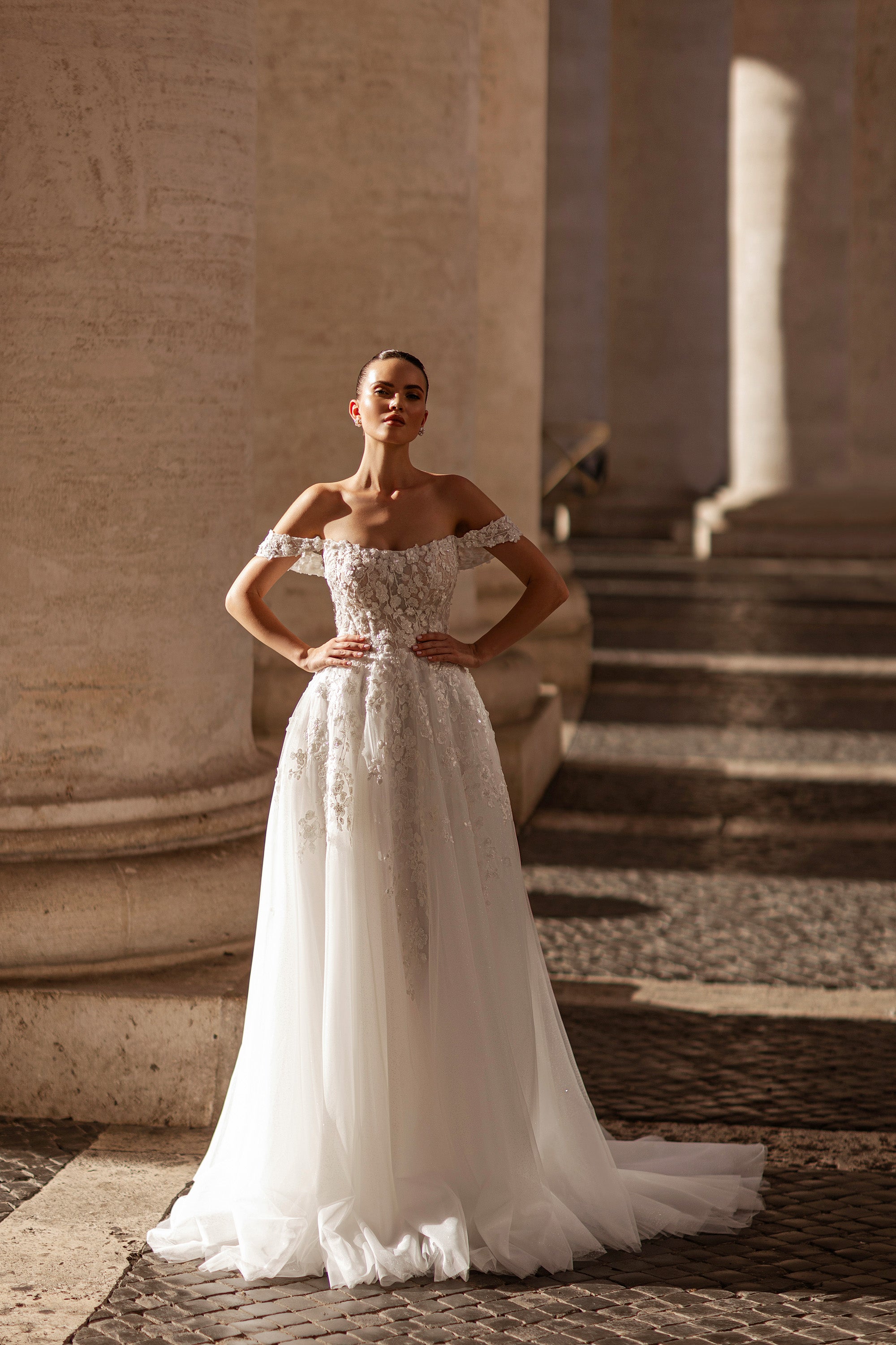 A-Line Wedding Dress with 3D Floral Lace Appliqués