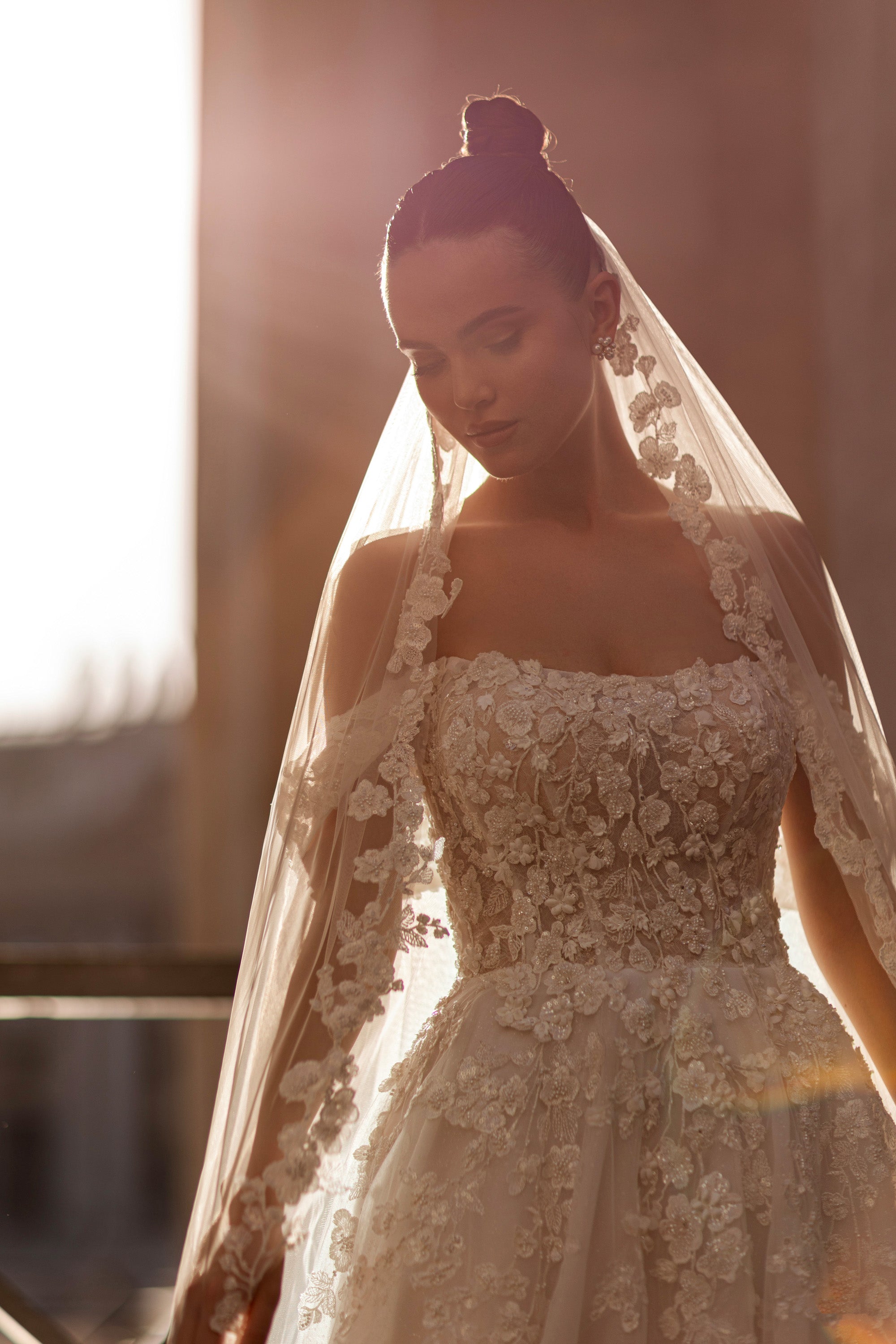 A-Line Wedding Dress with 3D Floral Lace Appliqués