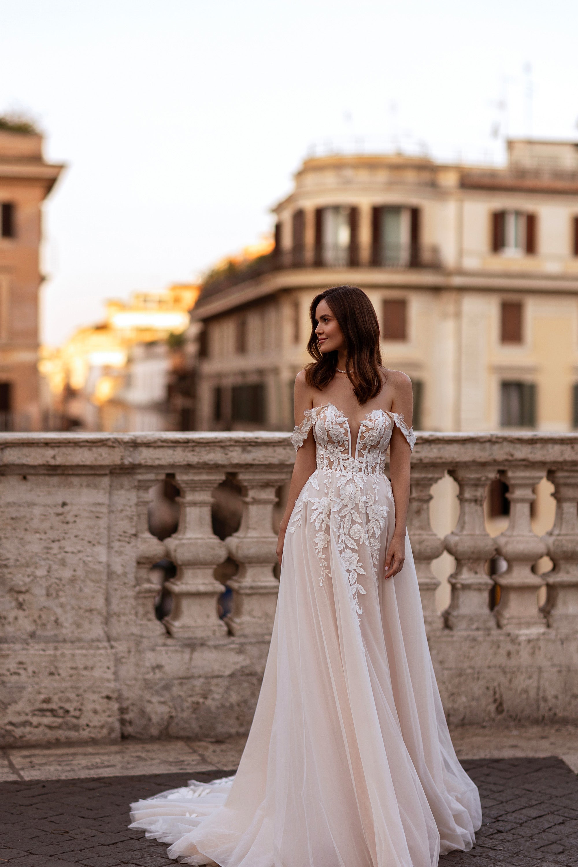 A-Line Wedding Dress with Off-the-Shoulder Floral Lace