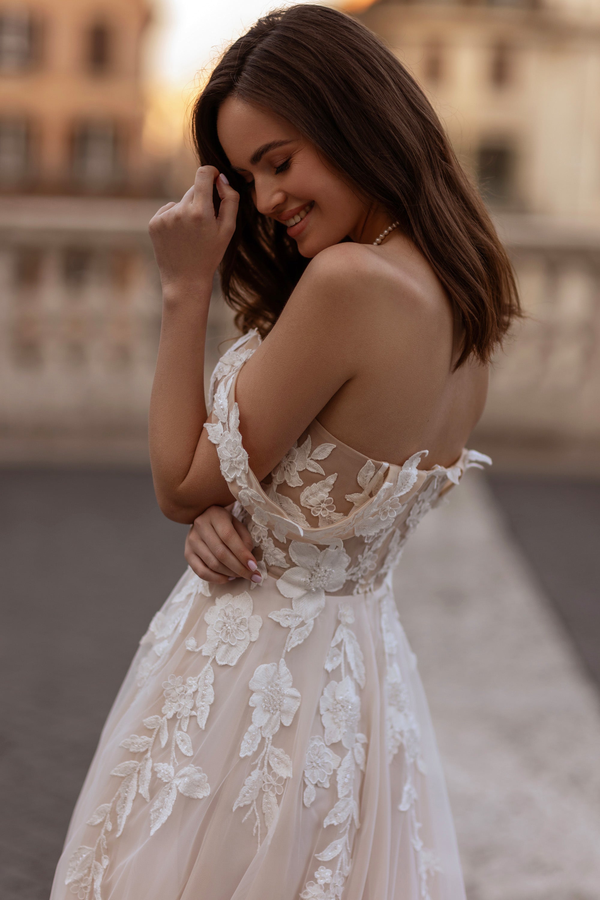 A-Line Wedding Dress with Off-the-Shoulder Floral Lace
