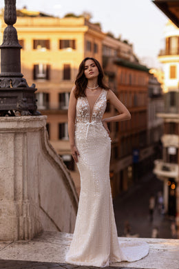 Sparkly Mermaid Wedding Dress with Detachable Tulle Overskirt