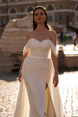 Sparkly Sheath Wedding Dress with Slit and Detachable Overskirt