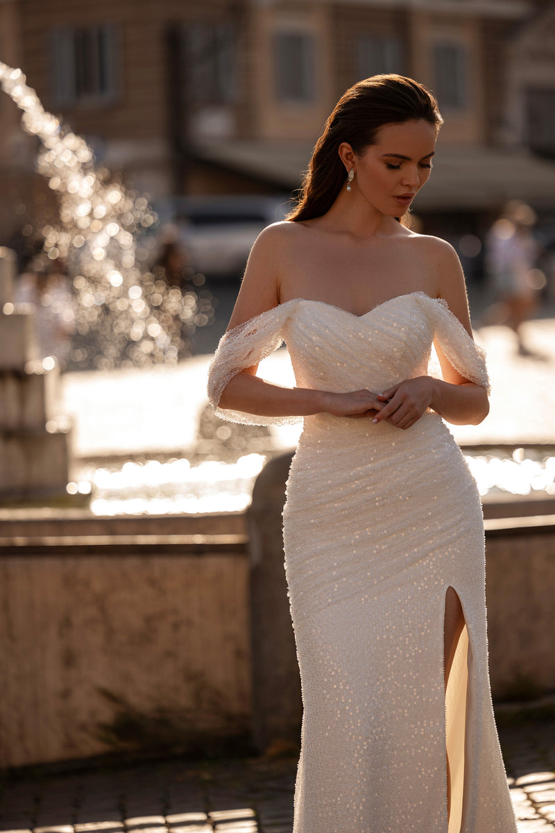 Sparkly Sheath Wedding Dress with Slit and Detachable Overskirt