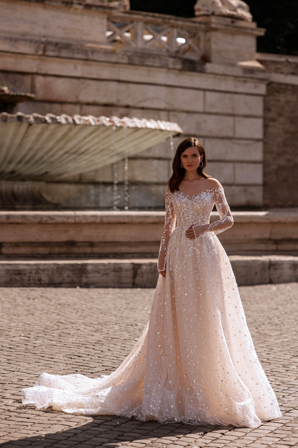 Ball Gown Wedding Dress in Tulle and Lace with Appliqués, Beading and Crystals, Off-the-Shoulder Neckline, Long Sleeves, Cathedral Train