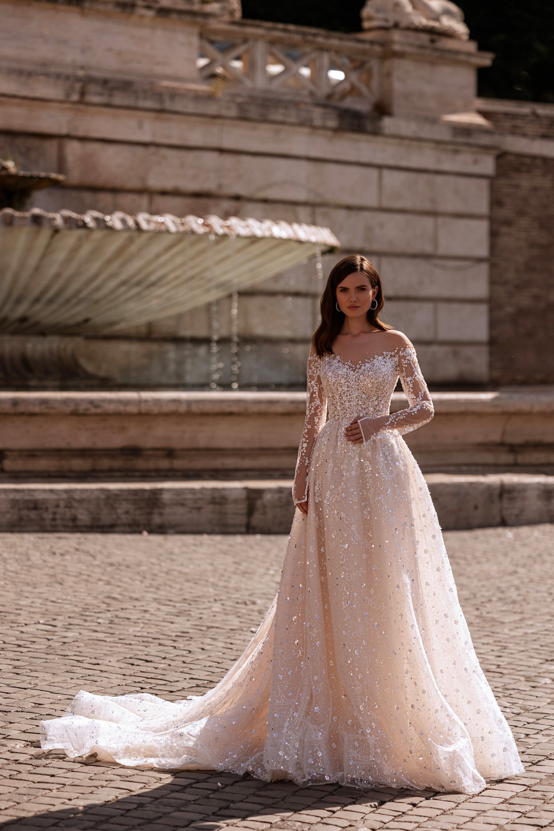 Sparkly A-Line Wedding Dress with Illusion Long Sleeves