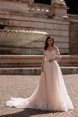 Sparkly A-Line Wedding Dress with Illusion Long Sleeves