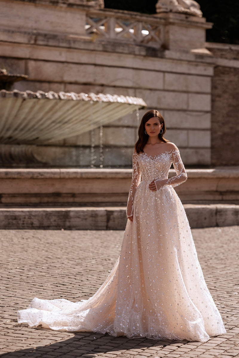 Sparkly A-Line Wedding Dress with Illusion Long Sleeves