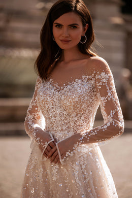 Sparkly A-Line Wedding Dress with Illusion Long Sleeves