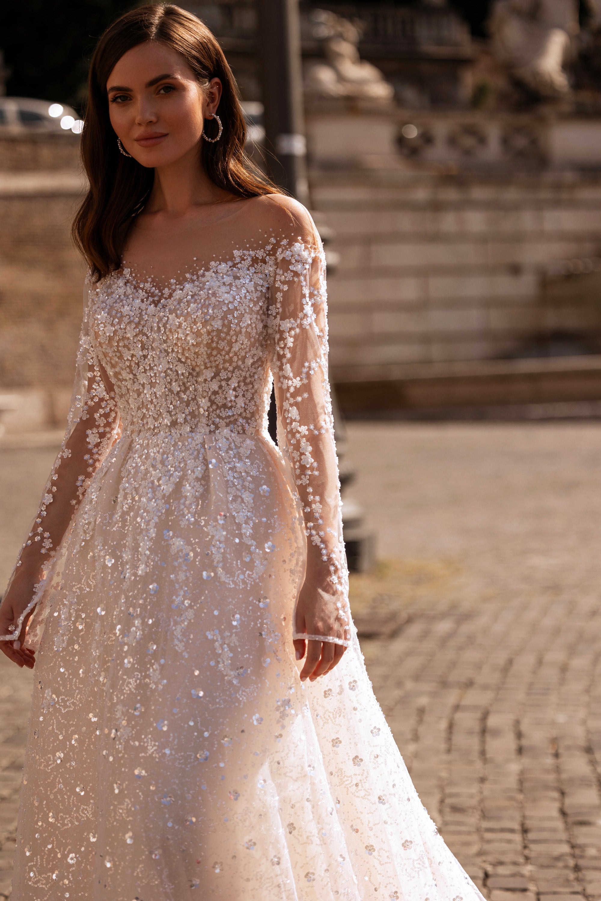 Sparkly A-Line Wedding Dress with Illusion Long Sleeves