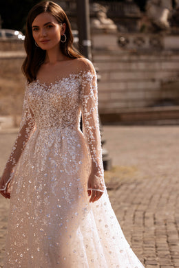 Sparkly A-Line Wedding Dress with Illusion Long Sleeves