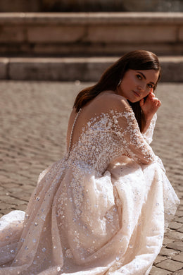 Sparkly A-Line Wedding Dress with Illusion Long Sleeves