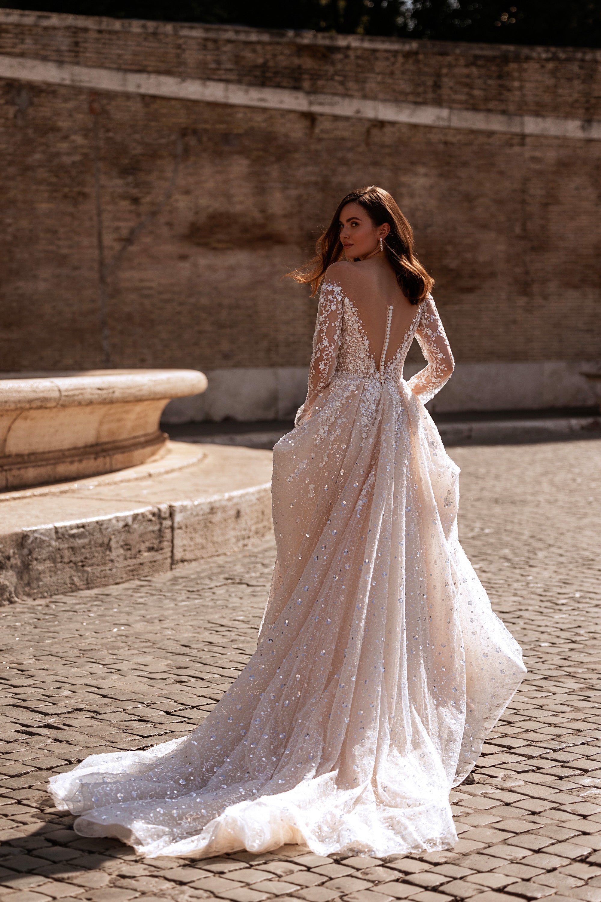 Sparkly A-Line Wedding Dress with Illusion Long Sleeves