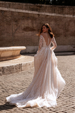 Sparkly A-Line Wedding Dress with Illusion Long Sleeves