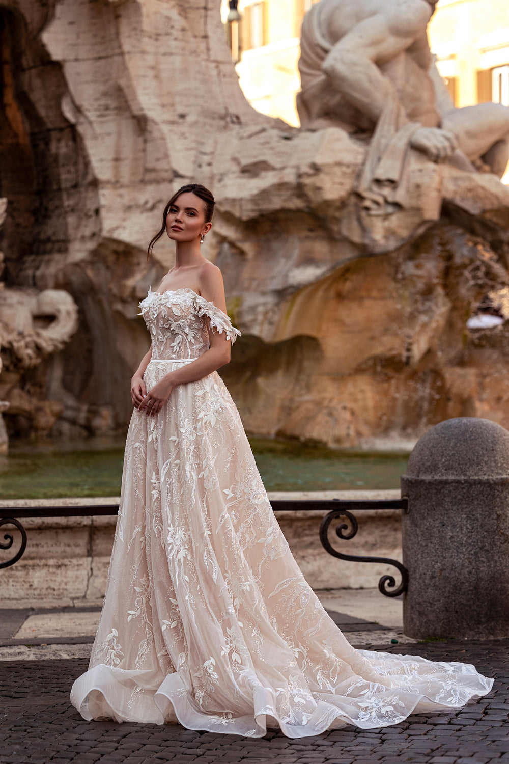 Exquisite A-Line Wedding Dress with Lace Appliqués and Embroidery on Tulle, Off-the-Shoulder Neckline, 3D Floral Appliqués, Cathedral Train