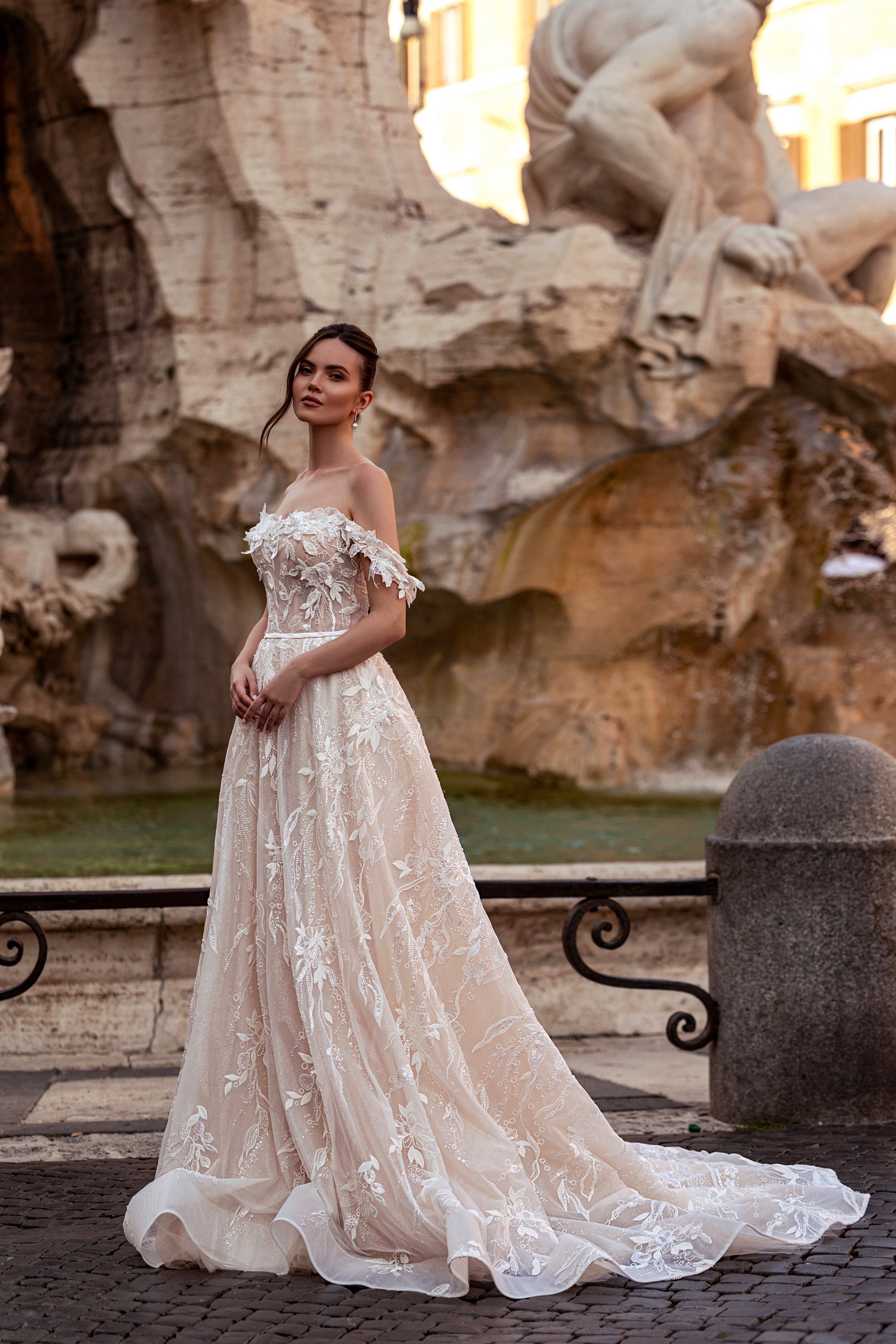 A-Line Wedding Dress with 3D Floral Off-the-Shoulder Neckline