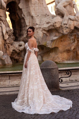 A-Line Wedding Dress with 3D Floral Off-the-Shoulder Neckline