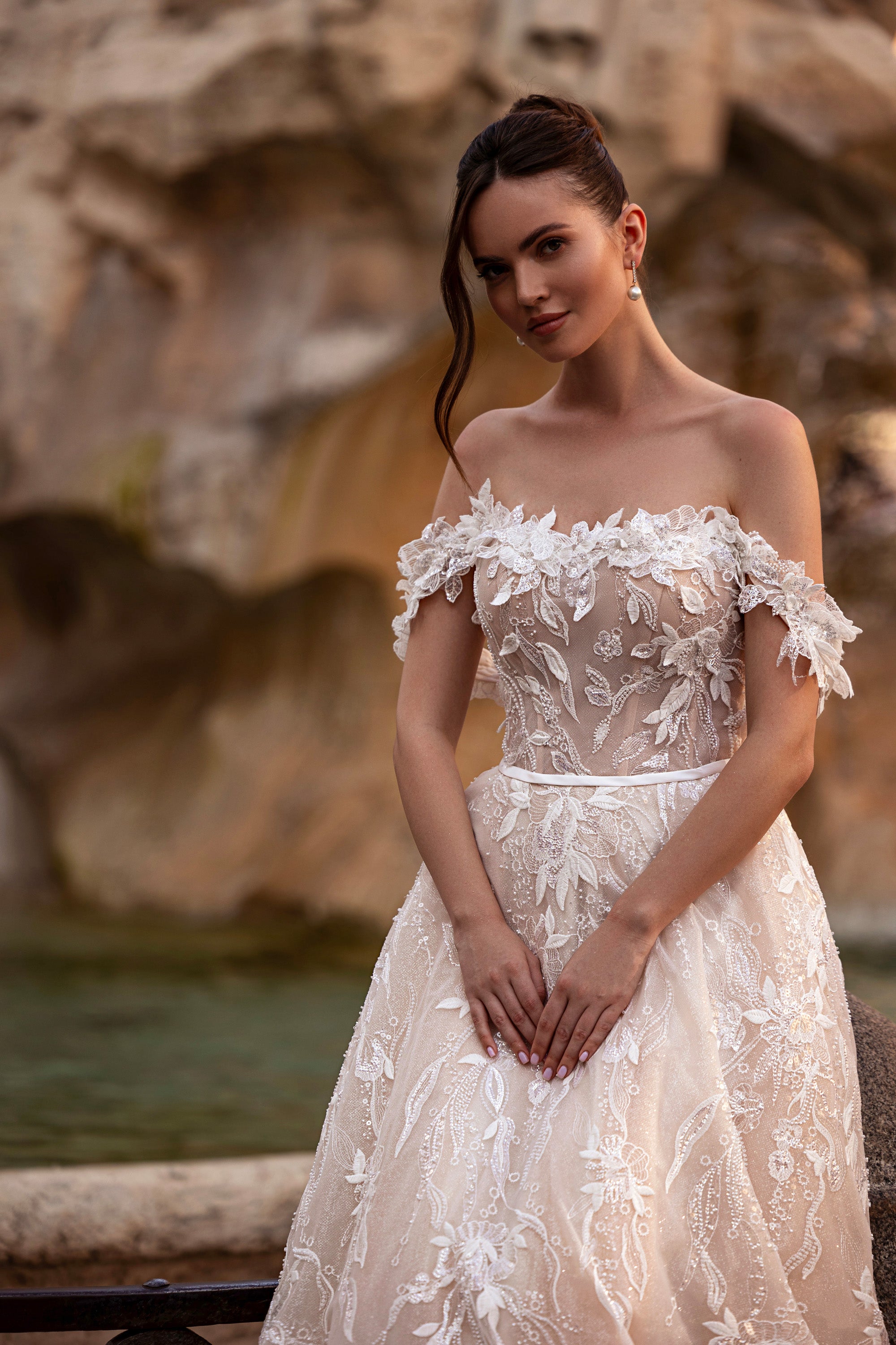 A-Line Wedding Dress with 3D Floral Off-the-Shoulder Neckline