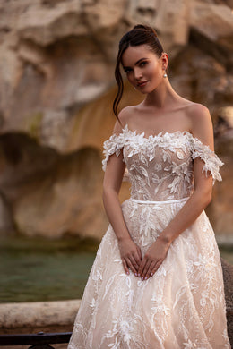 A-Line Wedding Dress with 3D Floral Off-the-Shoulder Neckline