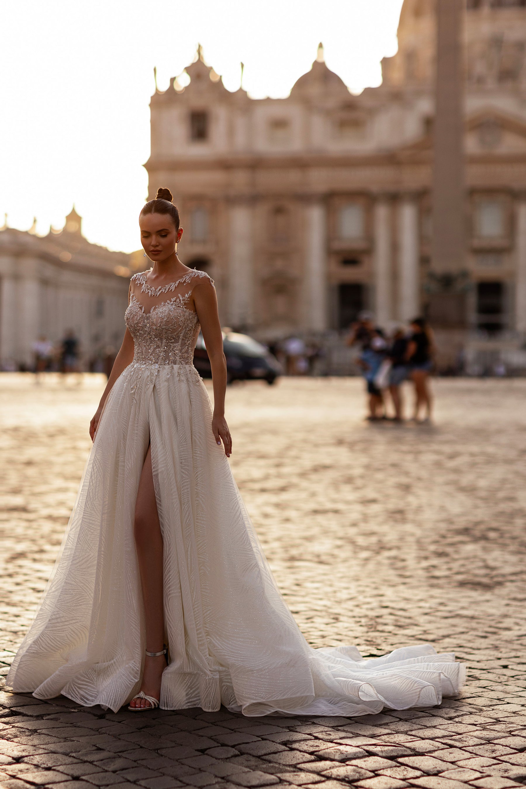 A-Line Wedding Dress with Illusion Neckline and Floral Appliqués