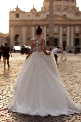 A-Line Wedding Dress with Illusion Neckline and Floral Appliqués