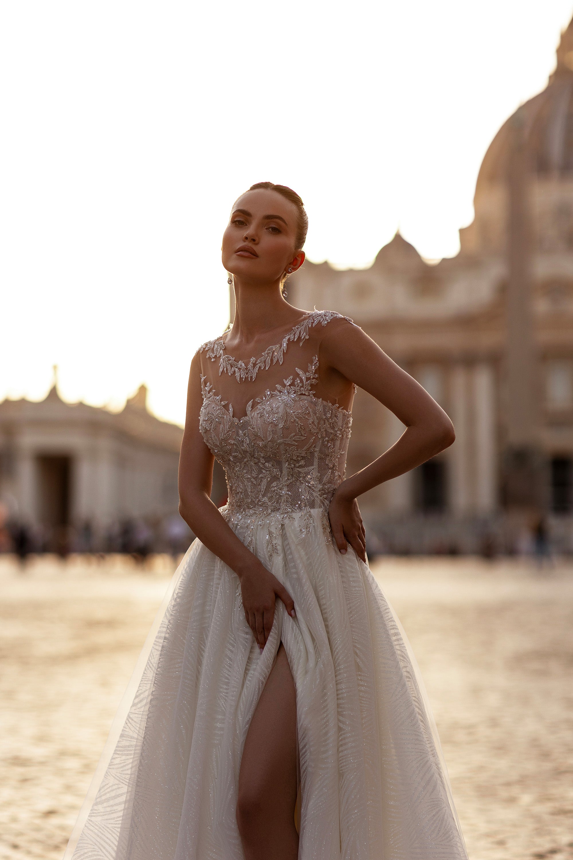 A-Line Wedding Dress with Illusion Neckline and Floral Appliqués