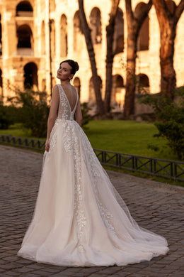 Floral Lace A-Line Wedding Dress with Plunging V-Neck