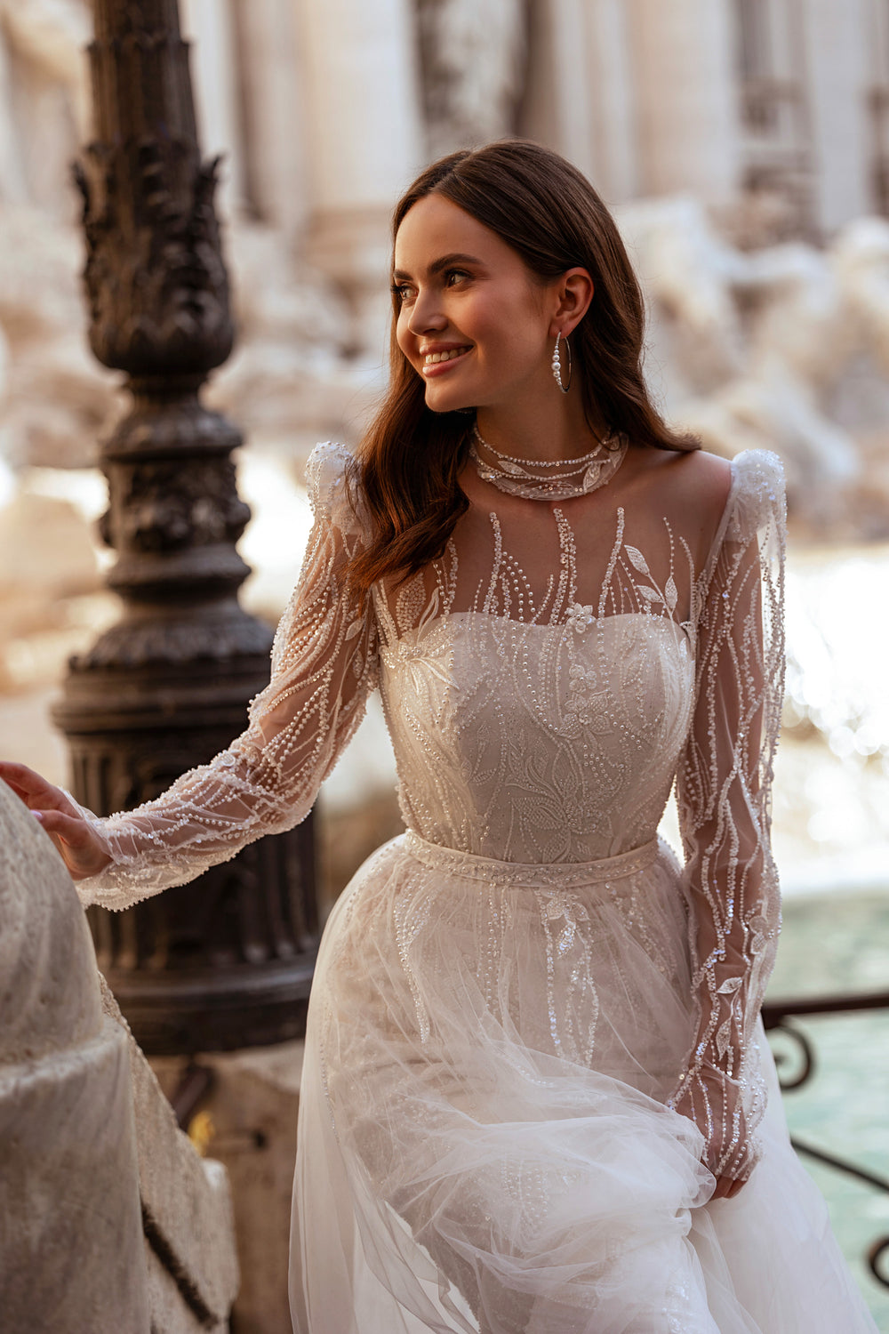 Romantic Tulle Wedding Dress With Lace Appliqués And Beading, Long Sleeves, Illusion High Neck, Embroidered Bodice, Floor-Length