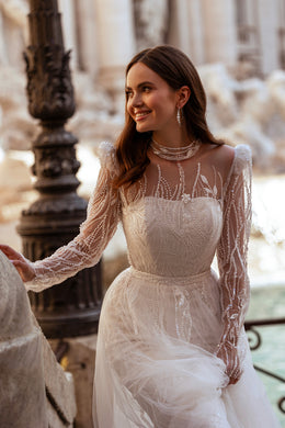 Beaded Sheath Wedding Dress with High Illusion Neck